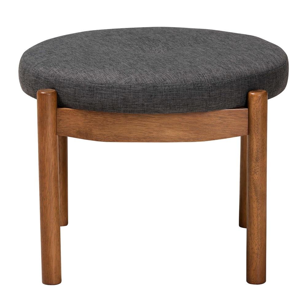 Iliana Japandi Dark Grey Fabric and Walnut Brown Finished Wood Ottoman Footstool. Picture 10