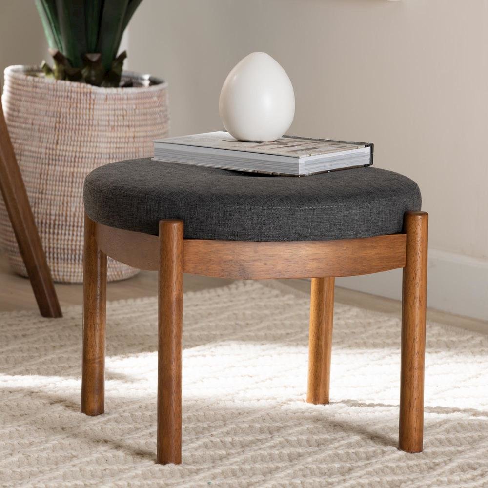 Iliana Japandi Dark Grey Fabric and Walnut Brown Finished Wood Ottoman Footstool. Picture 14