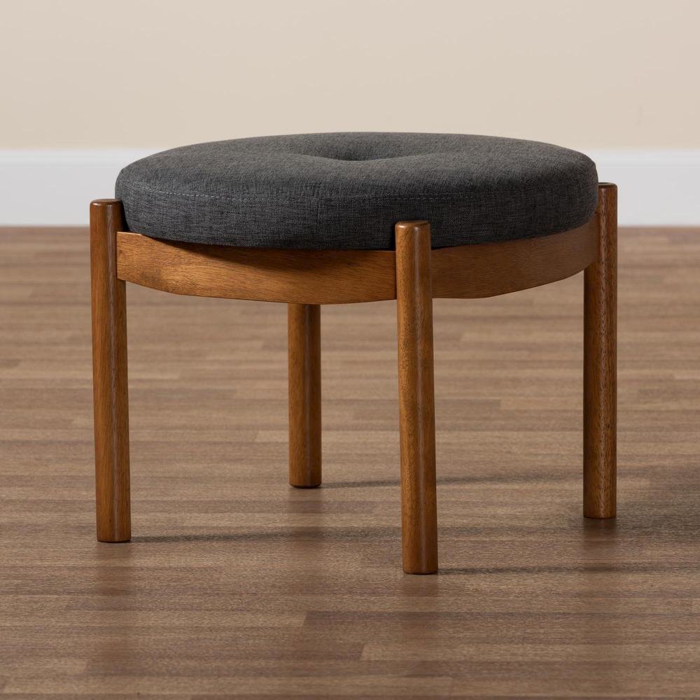 Iliana Japandi Dark Grey Fabric and Walnut Brown Finished Wood Ottoman Footstool. Picture 15
