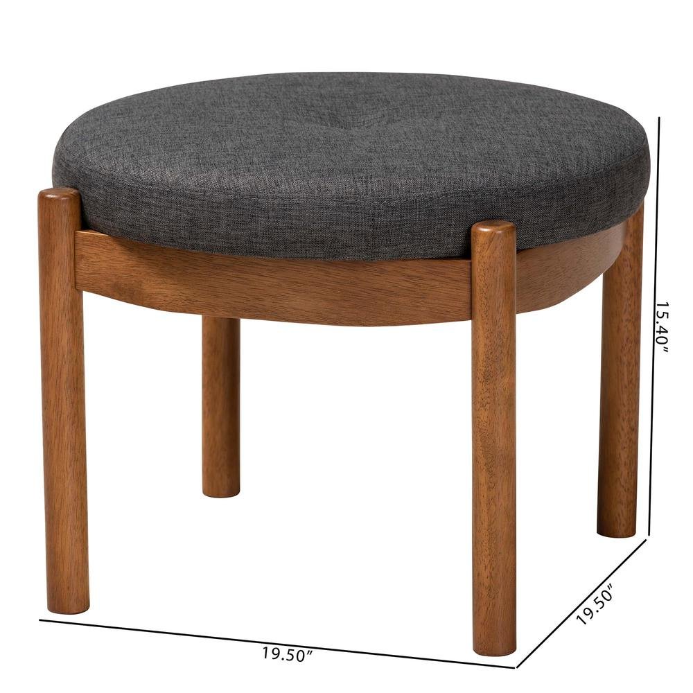 Iliana Japandi Dark Grey Fabric and Walnut Brown Finished Wood Ottoman Footstool. Picture 16