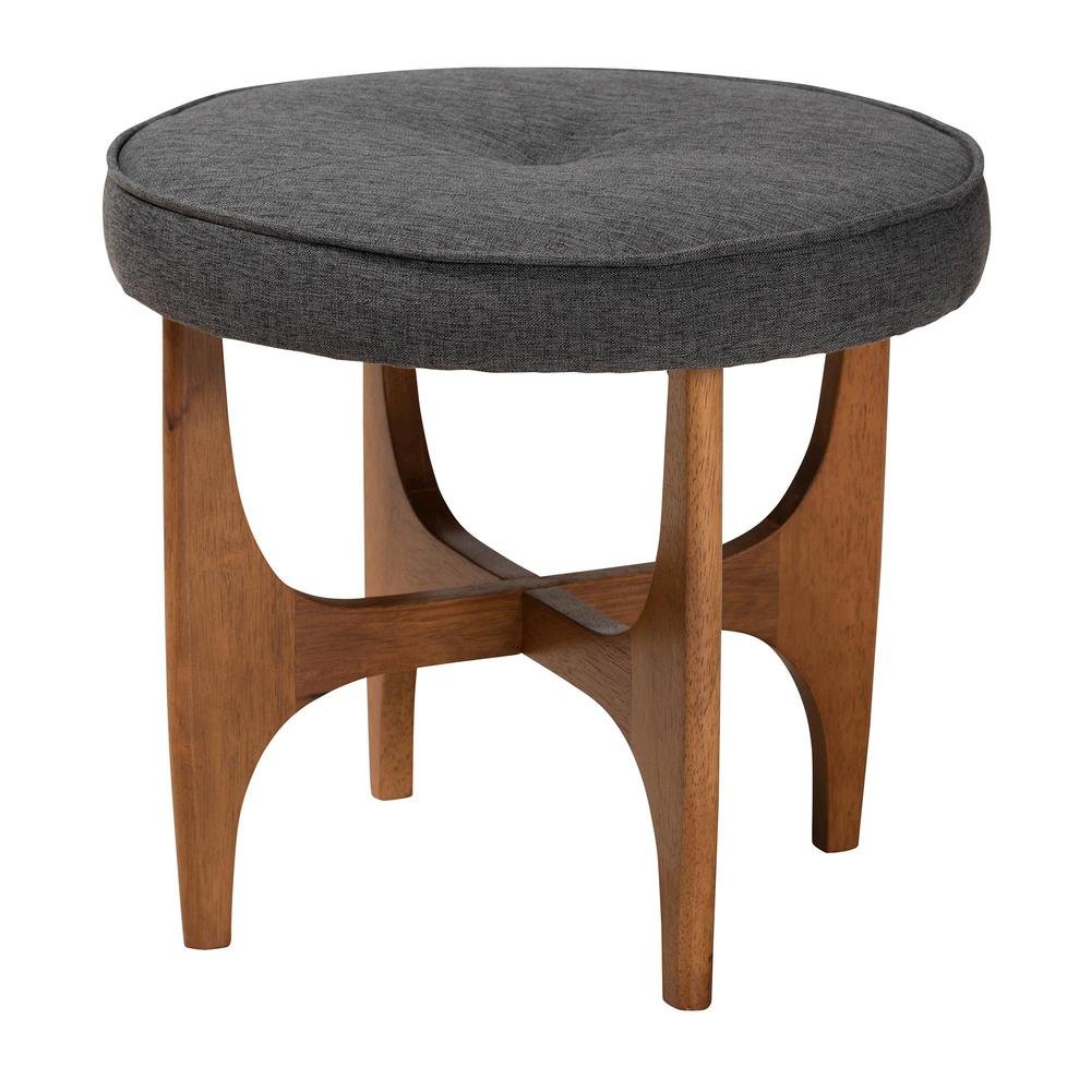 Theo Japandi Dark Grey Fabric and Walnut Brown Finished Wood Ottoman Footstool. Picture 9