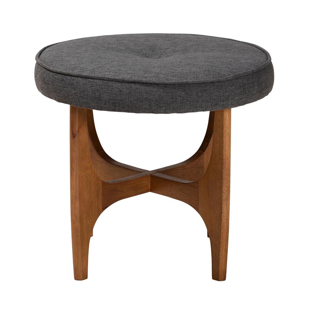 Theo Japandi Dark Grey Fabric and Walnut Brown Finished Wood Ottoman Footstool. Picture 10