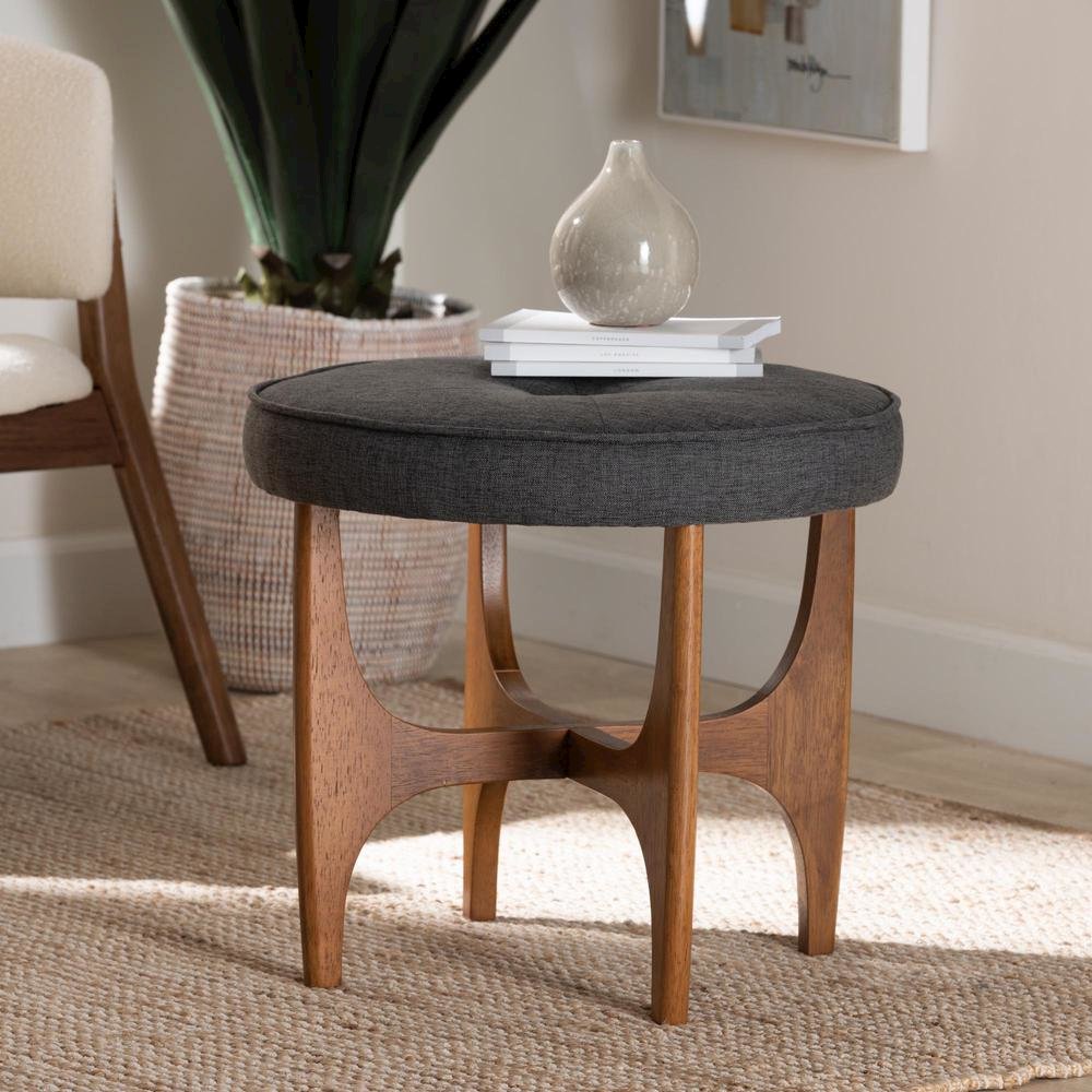 Theo Japandi Dark Grey Fabric and Walnut Brown Finished Wood Ottoman Footstool. Picture 14