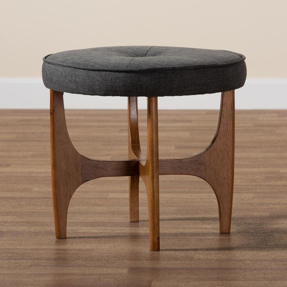 Theo Japandi Dark Grey Fabric and Walnut Brown Finished Wood Ottoman Footstool. Picture 15