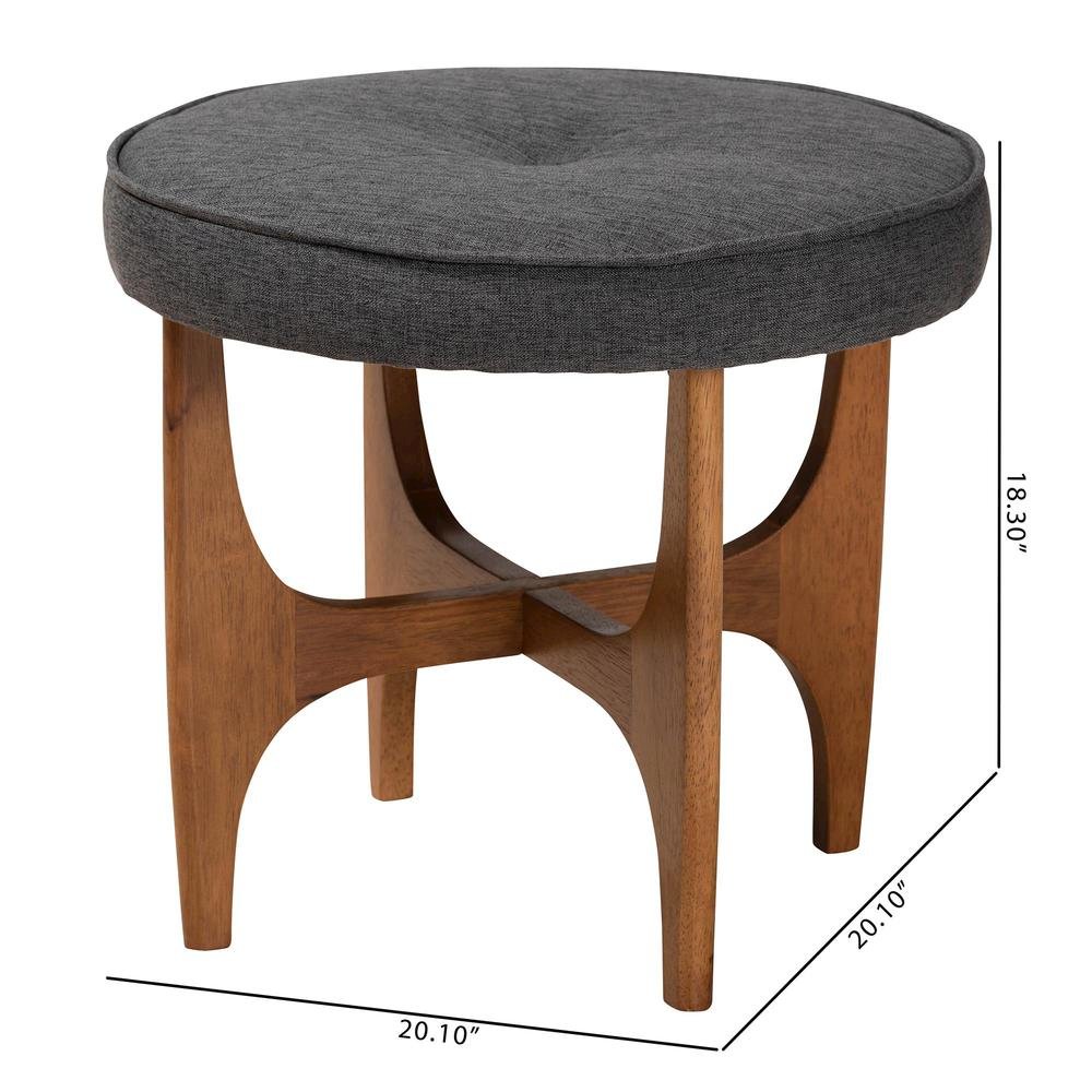 Theo Japandi Dark Grey Fabric and Walnut Brown Finished Wood Ottoman Footstool. Picture 16