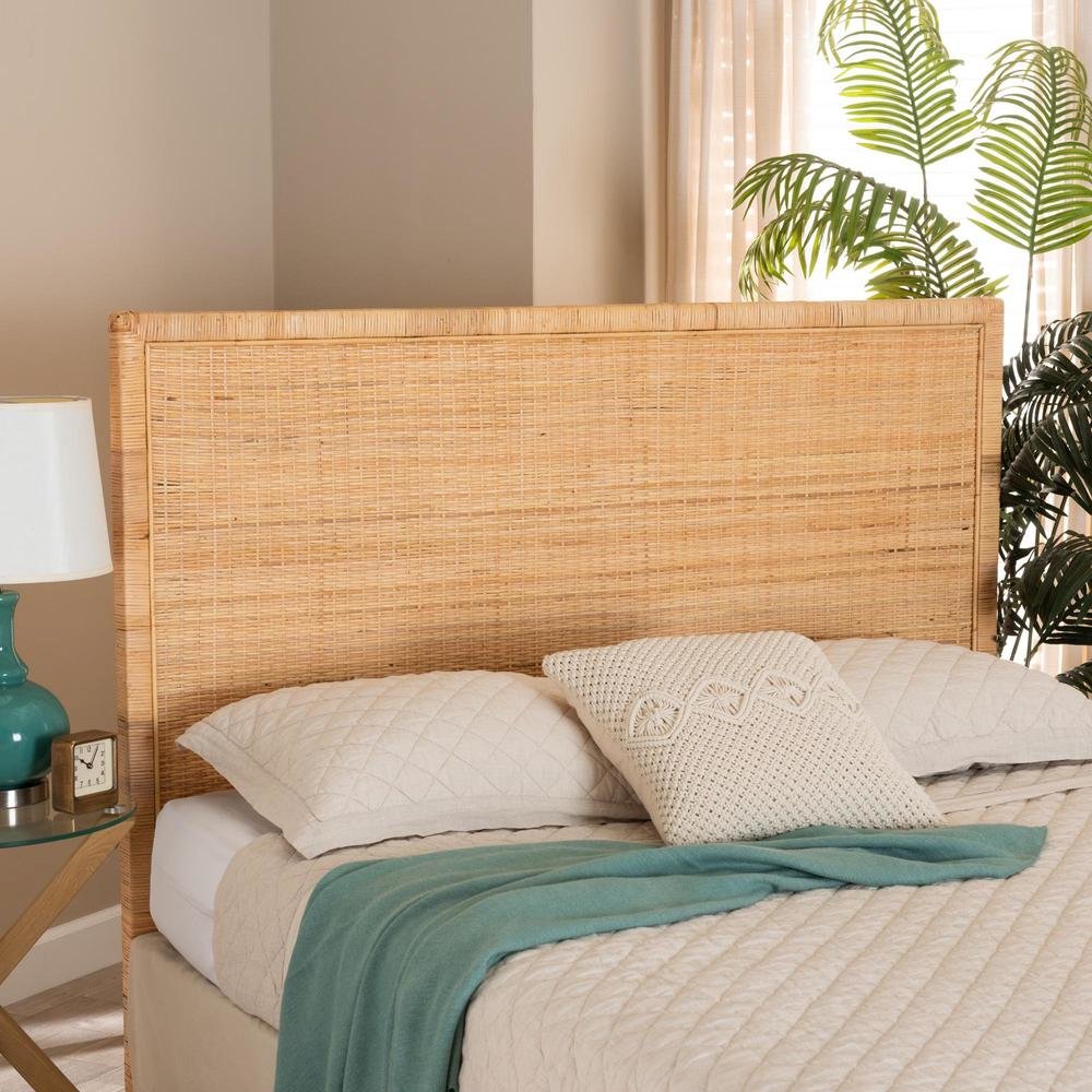 Bohemian Natural Brown Rattan and Mahogany Wood Queen Size Headboard. Picture 13
