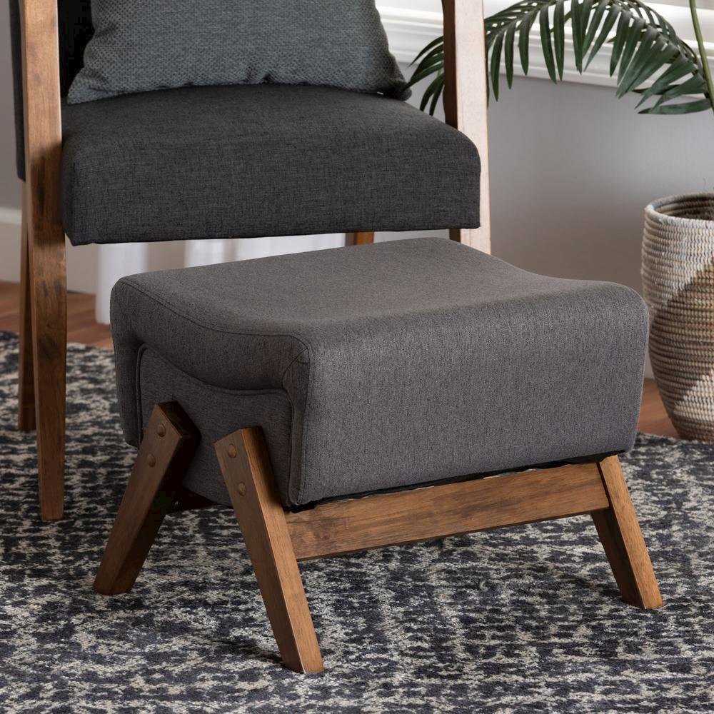 Dark Grey Fabric and Walnut Brown Finished Wood Ottoman. Picture 14