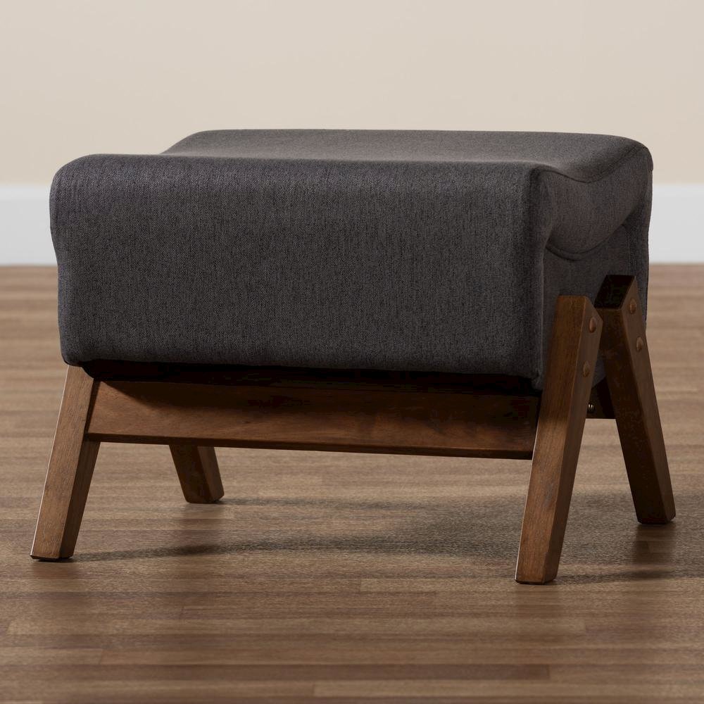 Dark Grey Fabric and Walnut Brown Finished Wood Ottoman. Picture 15