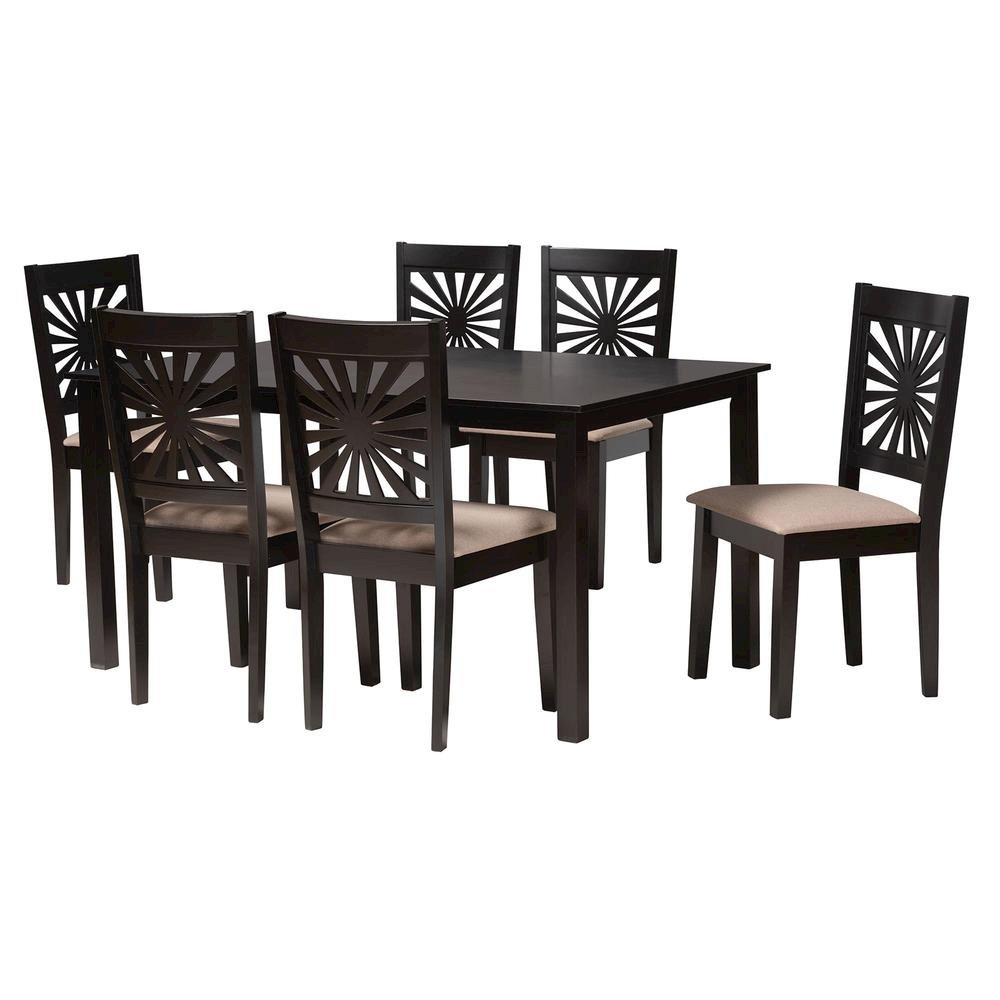 Olympia Modern Beige Fabric and Espresso Brown Finished Wood 7-Piece Dining Set. Picture 11