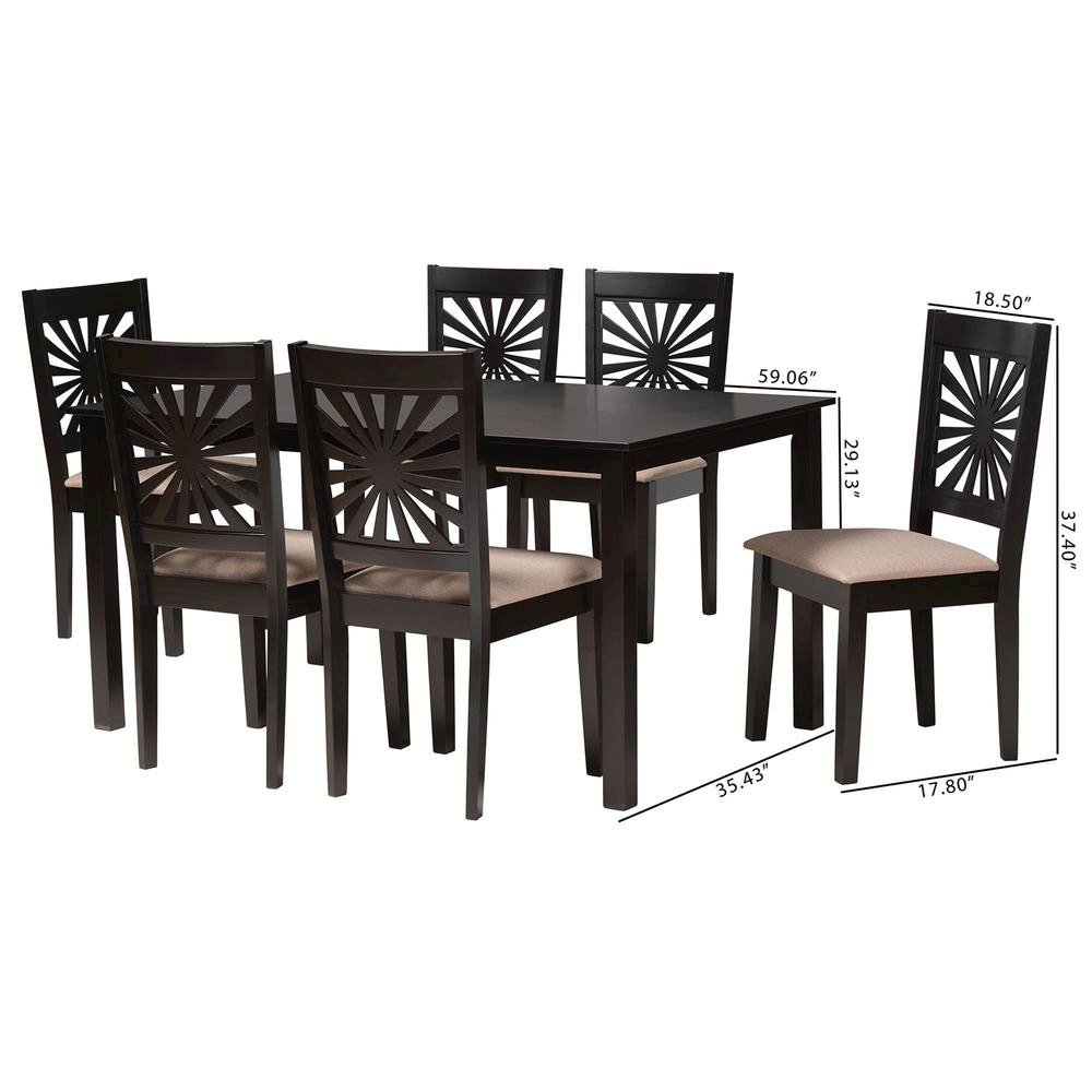 Olympia Modern Beige Fabric and Espresso Brown Finished Wood 7-Piece Dining Set. Picture 20