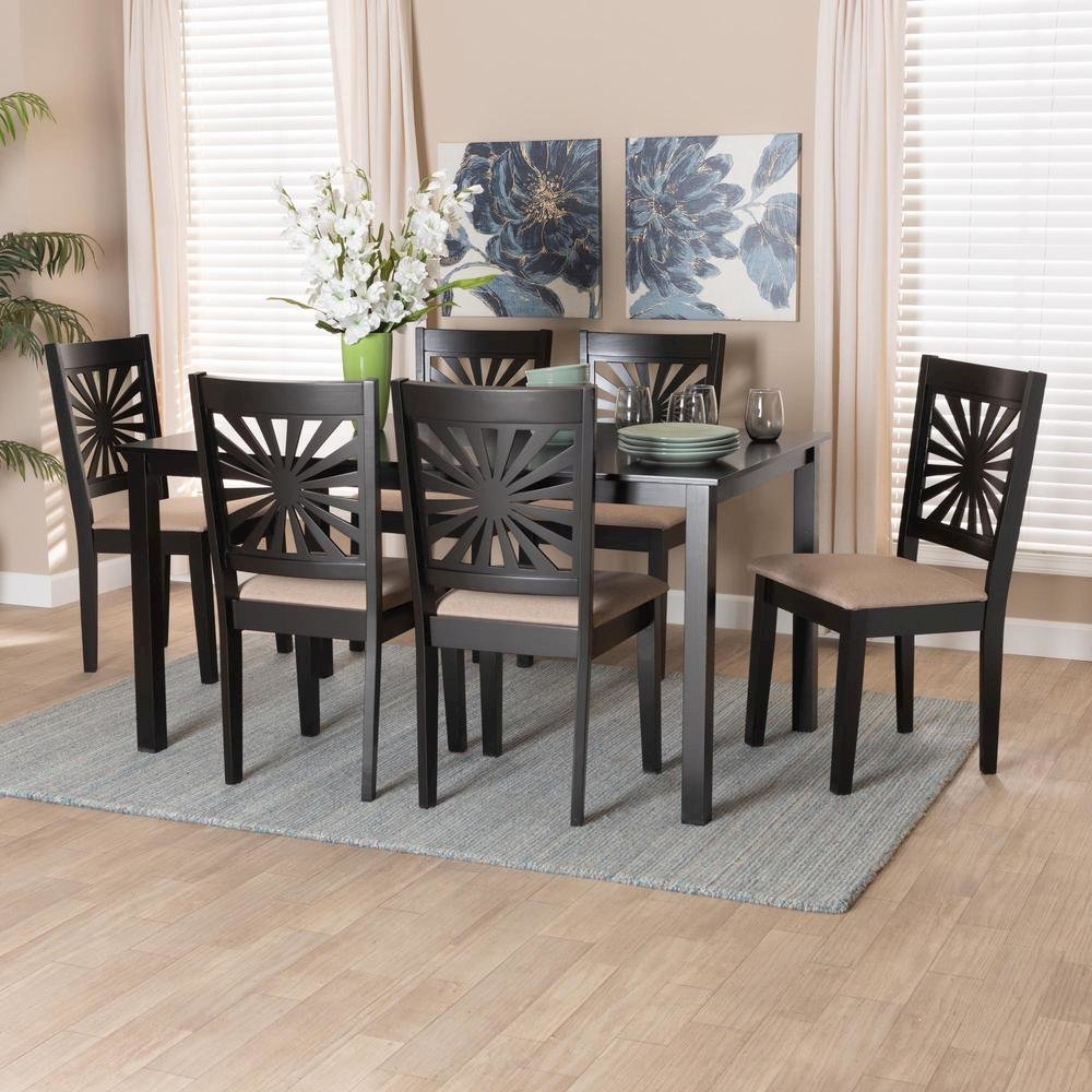 Olympia Modern Beige Fabric and Espresso Brown Finished Wood 7-Piece Dining Set. Picture 18