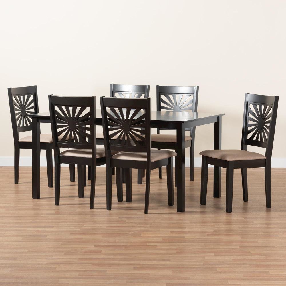 Olympia Modern Beige Fabric and Espresso Brown Finished Wood 7-Piece Dining Set. Picture 19