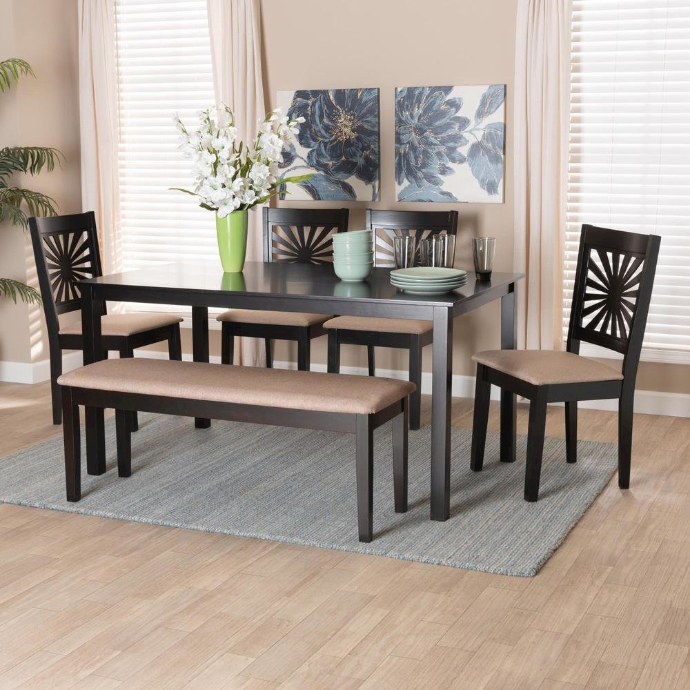 Olympia Modern Beige Fabric and Espresso Brown Finished Wood 6-Piece Dining Set. Picture 21