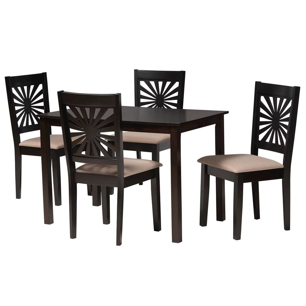 Olympia Modern Beige Fabric and Espresso Brown Finished Wood 5-Piece Dining Set. Picture 11