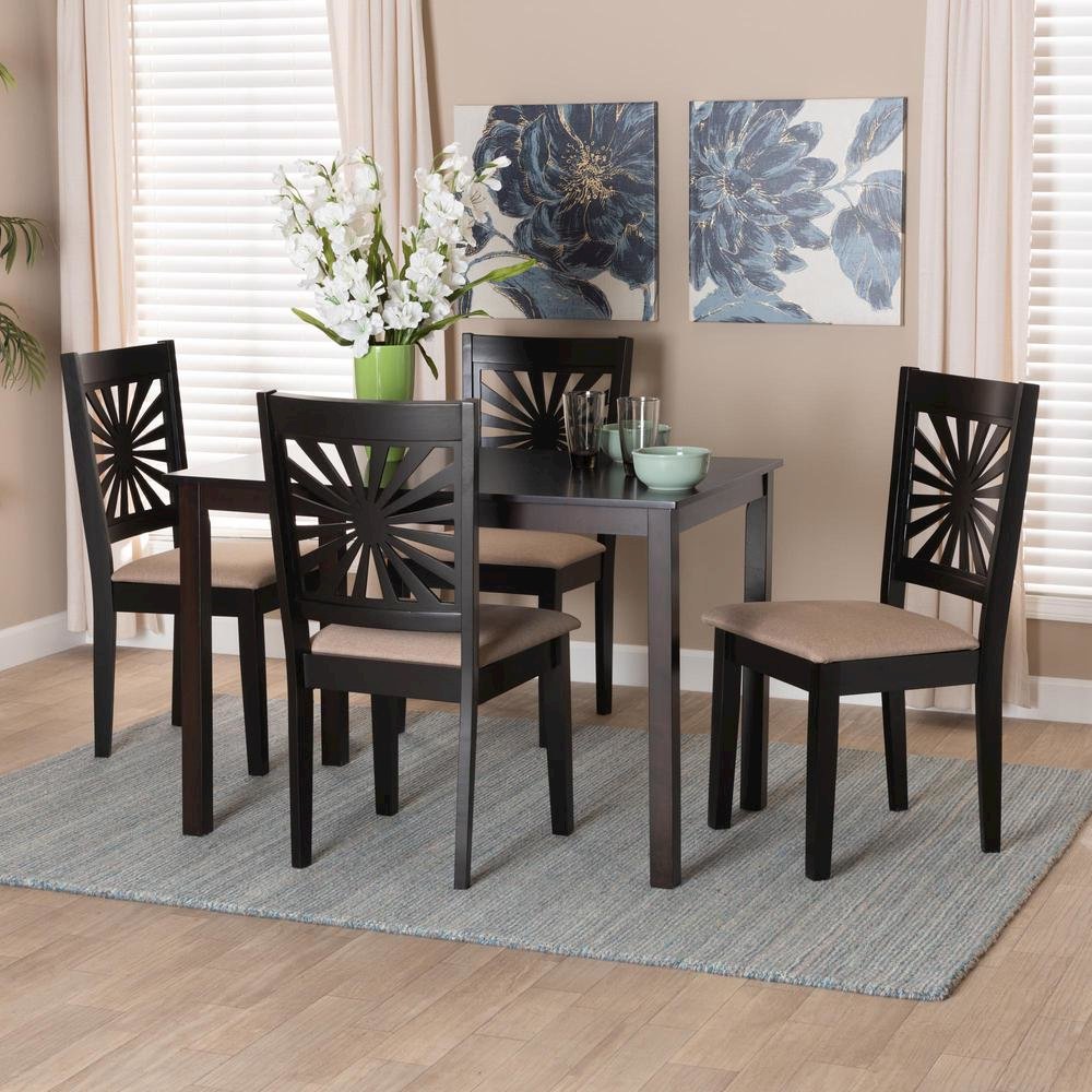 Olympia Modern Beige Fabric and Espresso Brown Finished Wood 5-Piece Dining Set. Picture 18