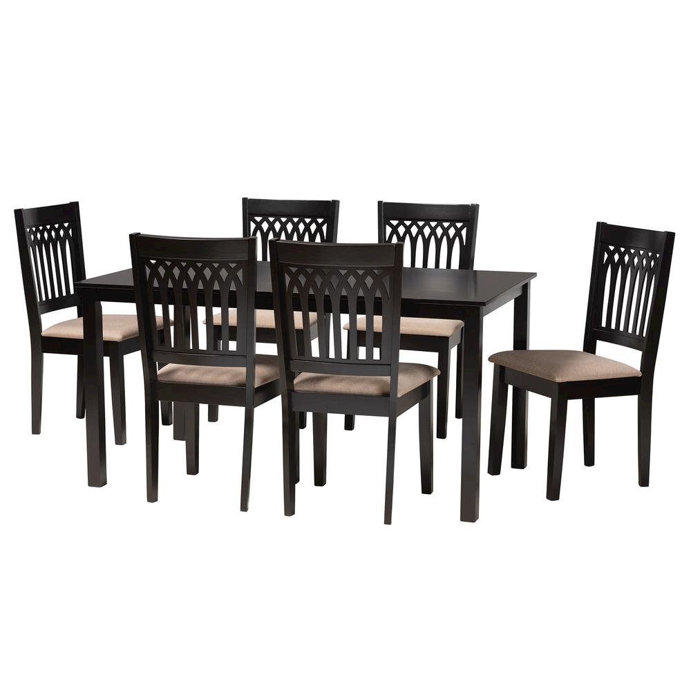 Genesis Modern Beige Fabric and Dark Brown Finished Wood 7-Piece Dining Set. Picture 11