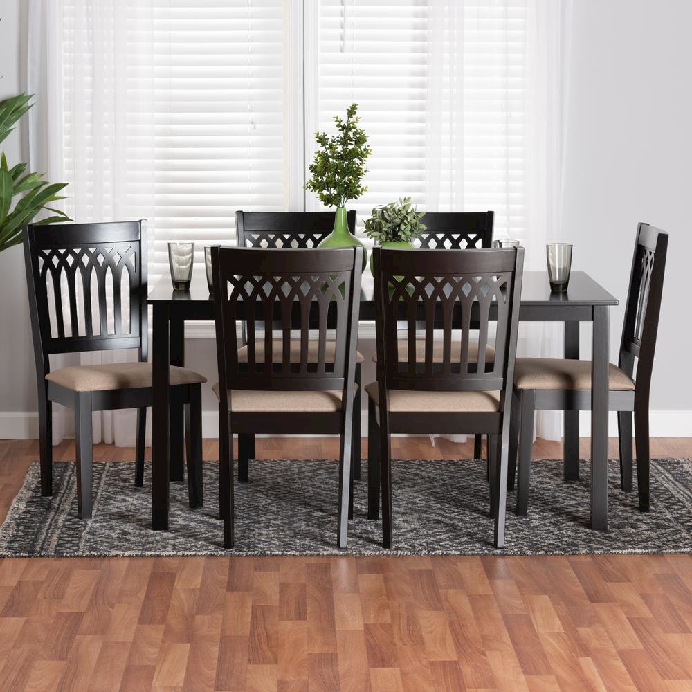 Genesis Modern Beige Fabric and Dark Brown Finished Wood 7-Piece Dining Set. Picture 18
