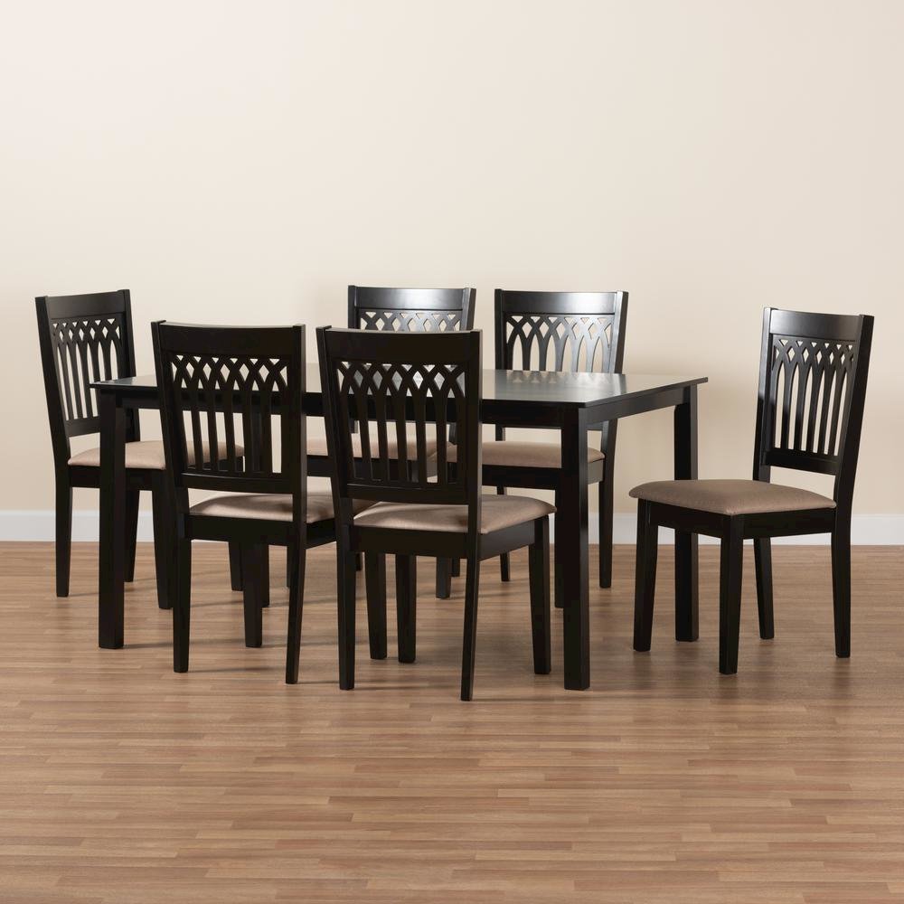 Genesis Modern Beige Fabric and Dark Brown Finished Wood 7-Piece Dining Set. Picture 19