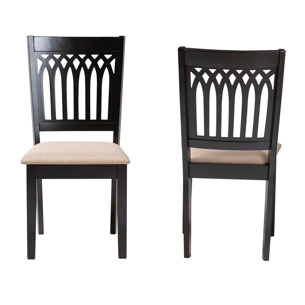Beige Fabric and Dark Brown Finished Wood 2-Piece Dining Chair Set. Picture 11