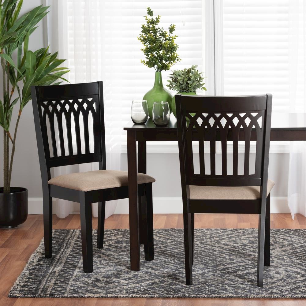 Beige Fabric and Dark Brown Finished Wood 2-Piece Dining Chair Set. Picture 16