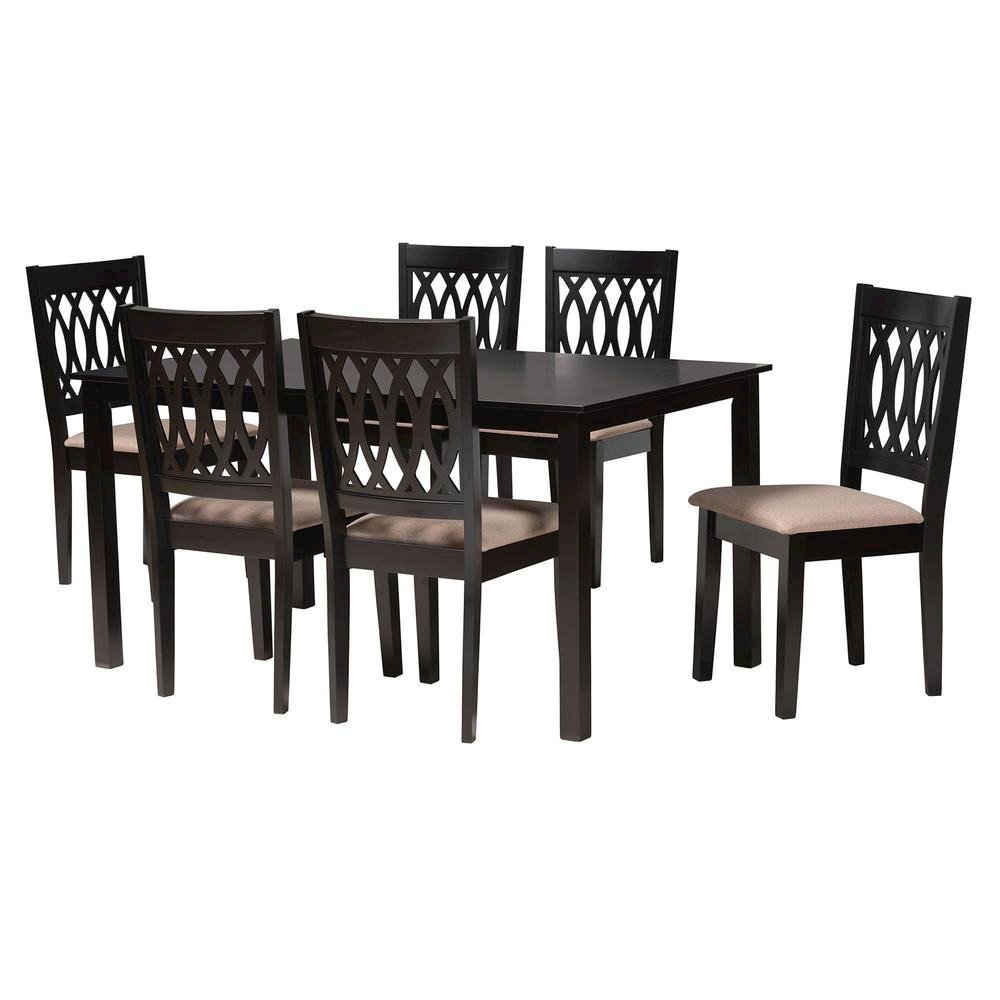 Beige Fabric and Espresso Brown Finished Wood 7-Piece Dining Set. Picture 11