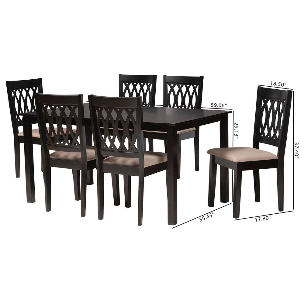 Beige Fabric and Espresso Brown Finished Wood 7-Piece Dining Set. Picture 20