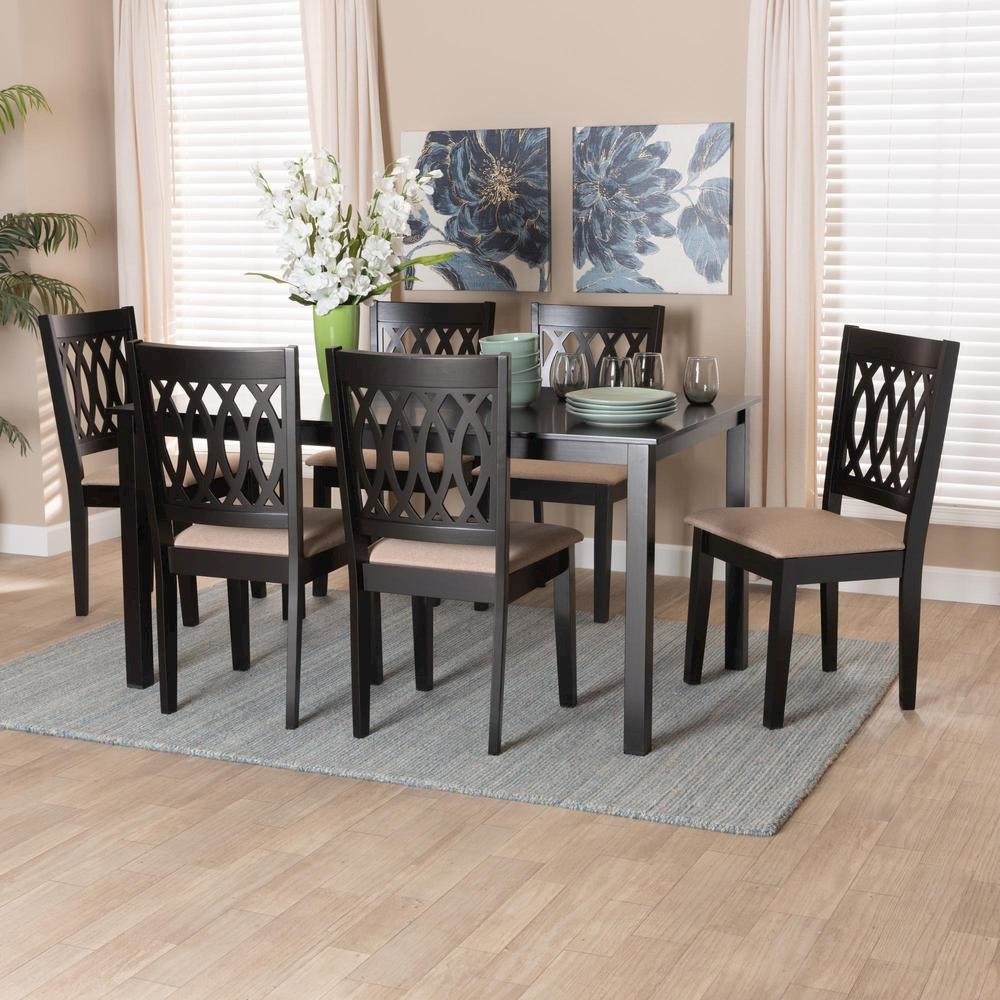 Beige Fabric and Espresso Brown Finished Wood 7-Piece Dining Set. Picture 18