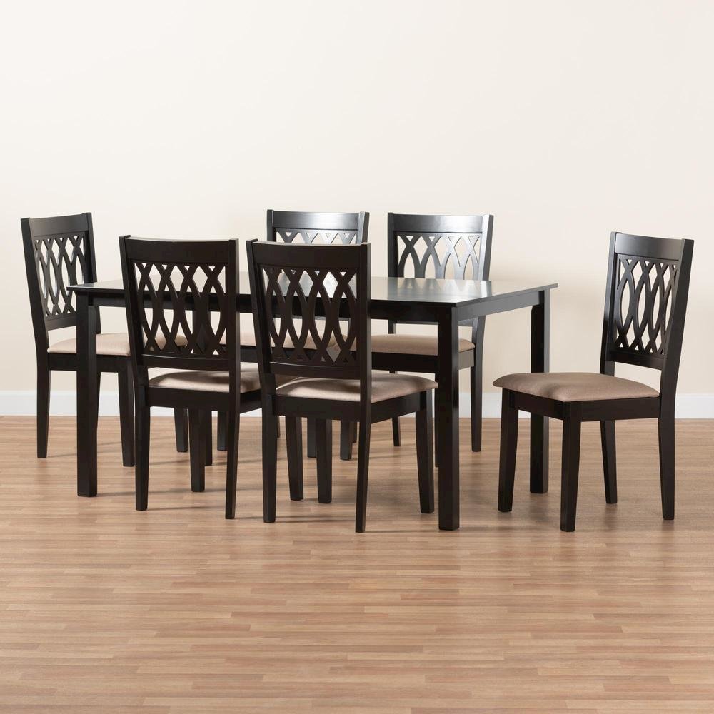 Beige Fabric and Espresso Brown Finished Wood 7-Piece Dining Set. Picture 19