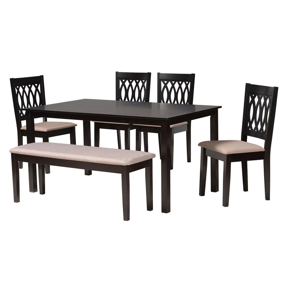 Beige Fabric and Espresso Brown Finished Wood 6-Piece Dining Set. Picture 13