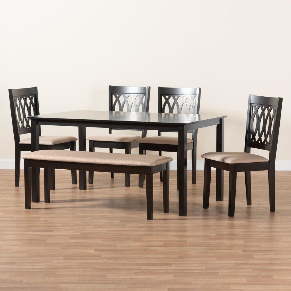 Beige Fabric and Espresso Brown Finished Wood 6-Piece Dining Set. Picture 22