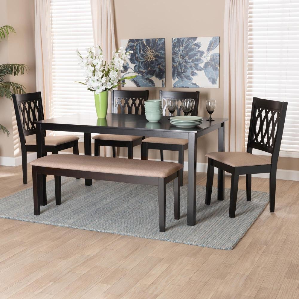 Beige Fabric and Espresso Brown Finished Wood 6-Piece Dining Set. Picture 21