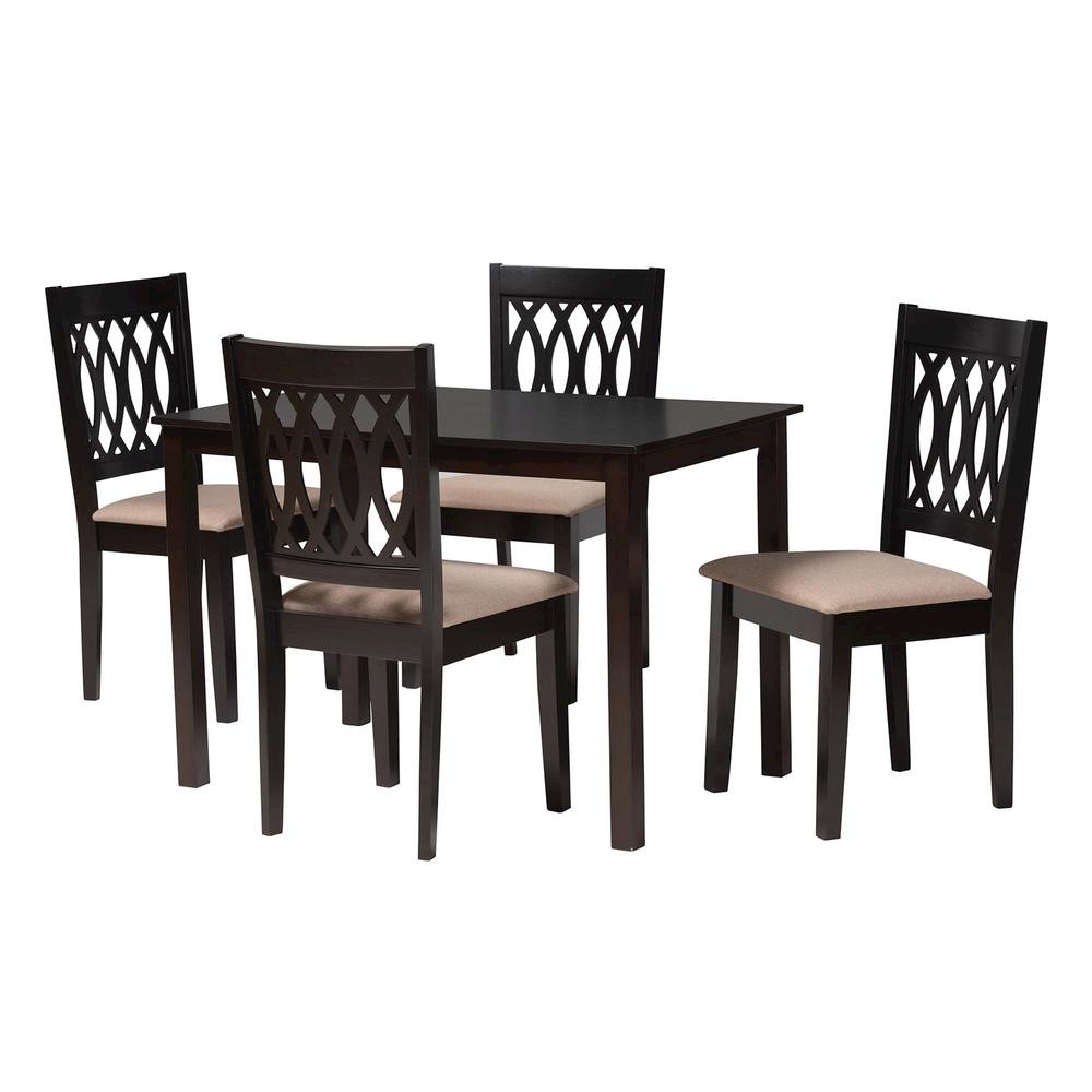 Beige Fabric and Espresso Brown Finished Wood 5-Piece Dining Set. Picture 11