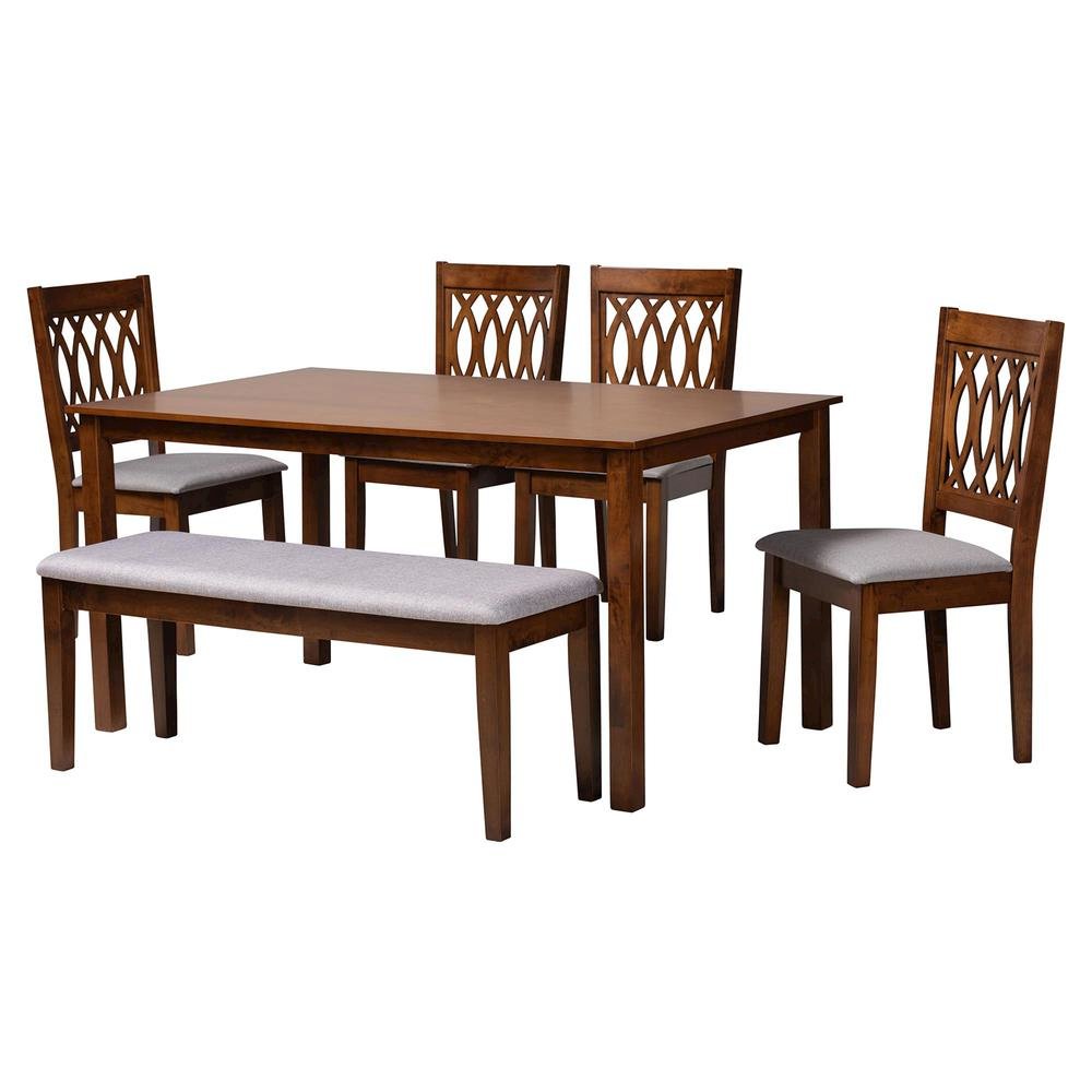Florencia Modern Grey Fabric and Walnut Brown Finished Wood 6-Piece Dining Set. Picture 13