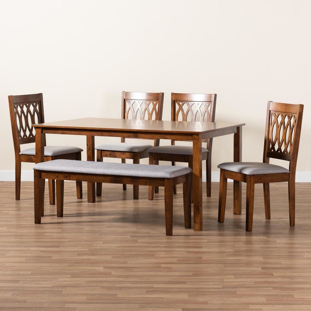 Florencia Modern Grey Fabric and Walnut Brown Finished Wood 6-Piece Dining Set. Picture 22