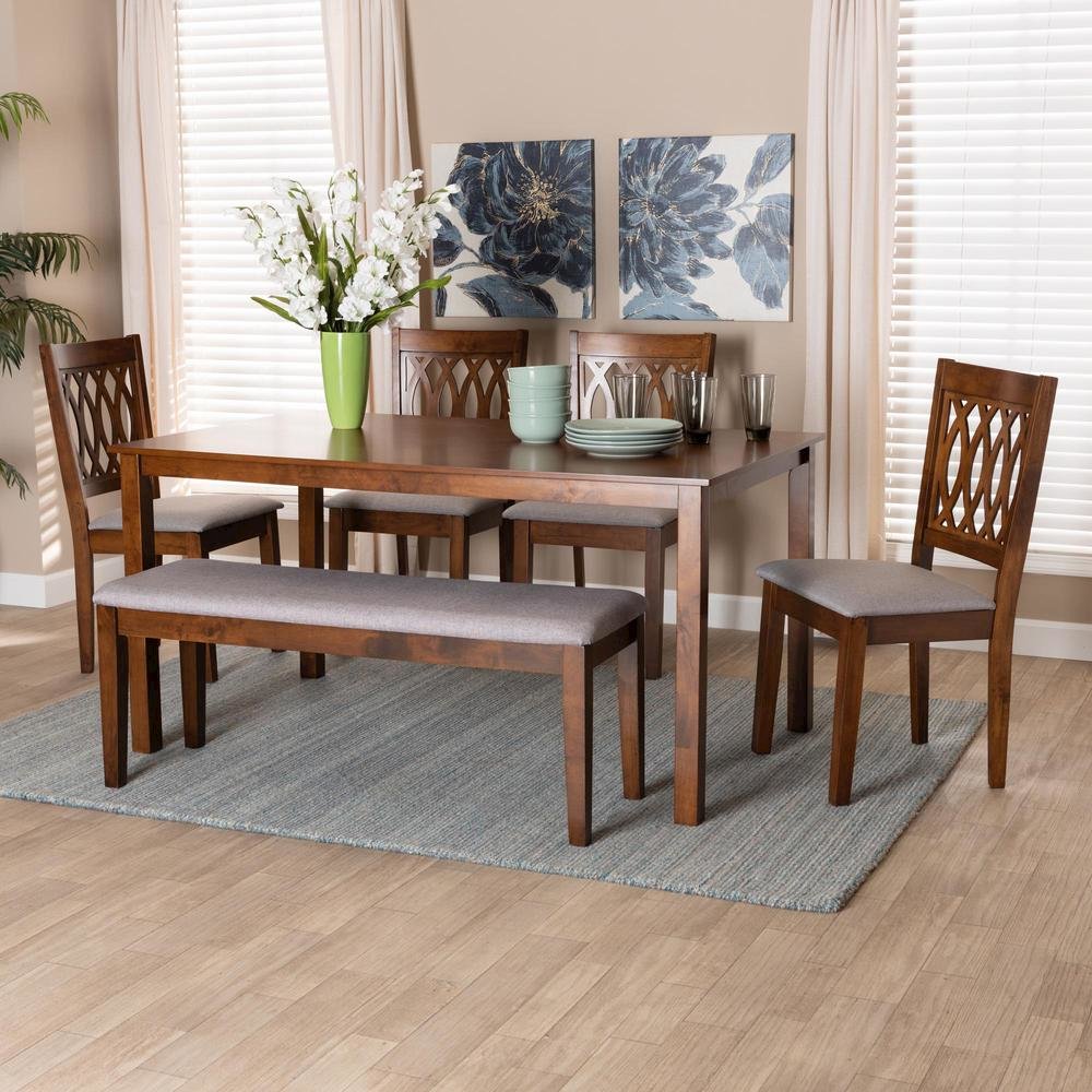Florencia Modern Grey Fabric and Walnut Brown Finished Wood 6-Piece Dining Set. Picture 21