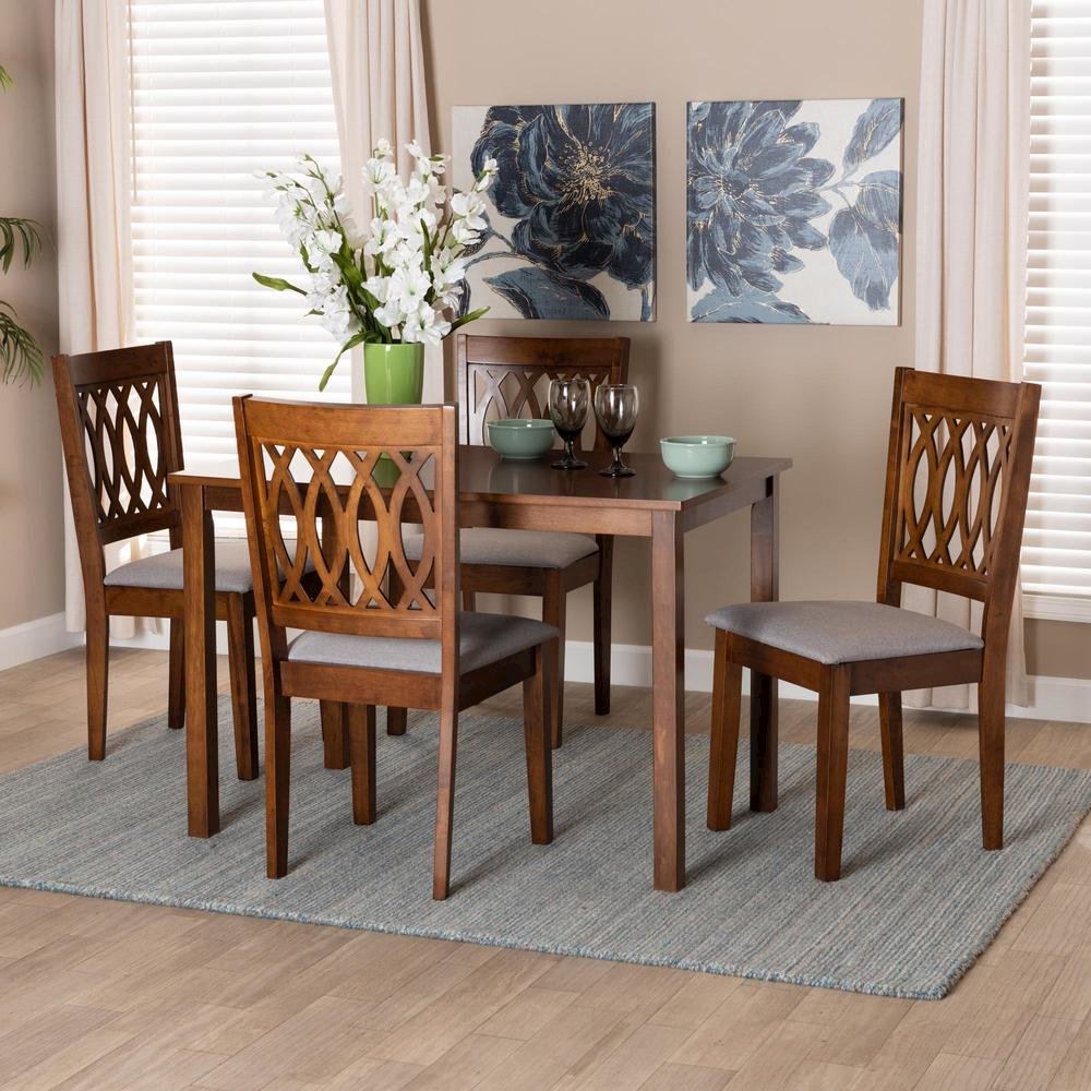 Florencia Modern Grey Fabric and Walnut Brown Finished Wood 5-Piece Dining Set. Picture 18