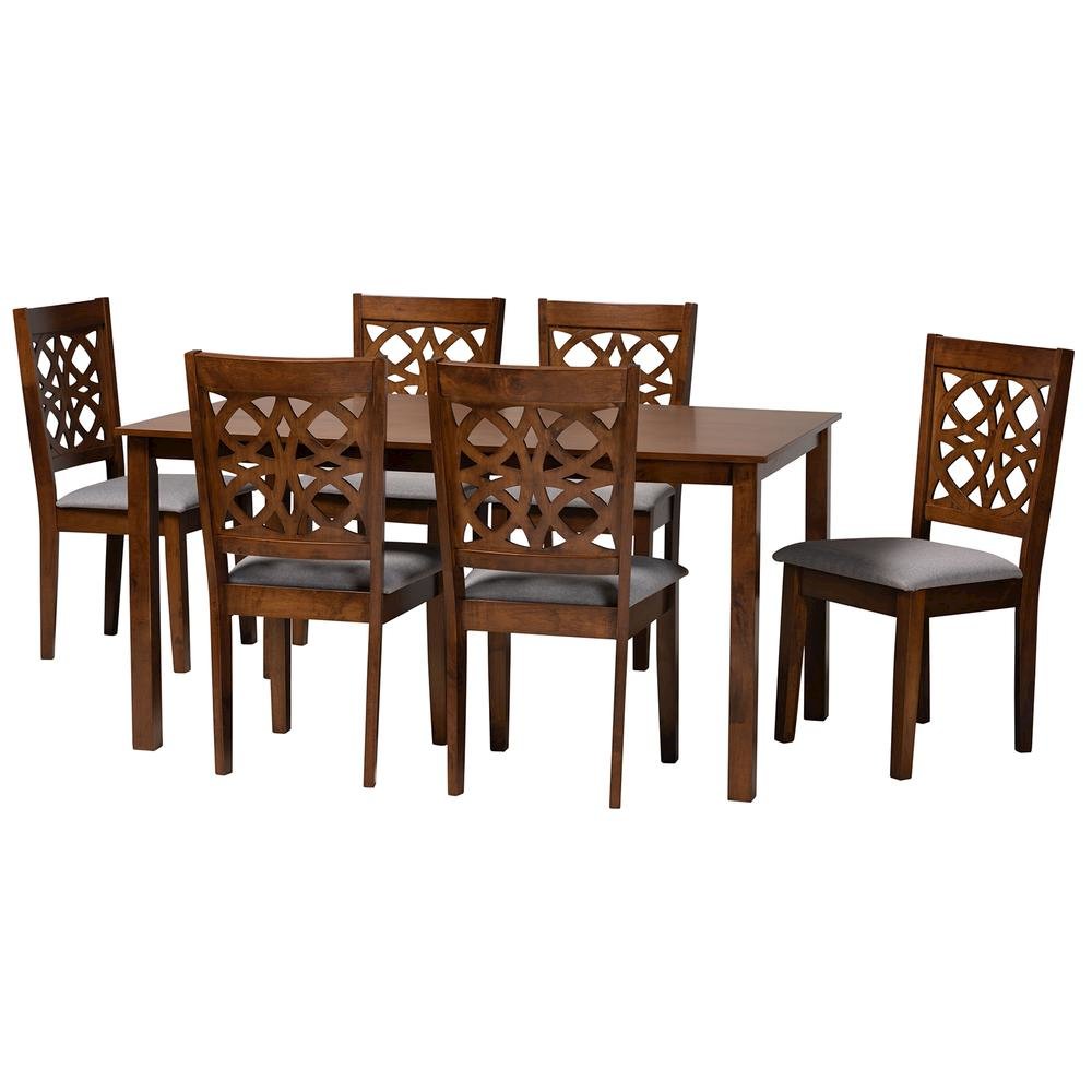 Abigail Modern Grey Fabric and Walnut Brown Finished Wood 7-Piece Dining Set. Picture 11