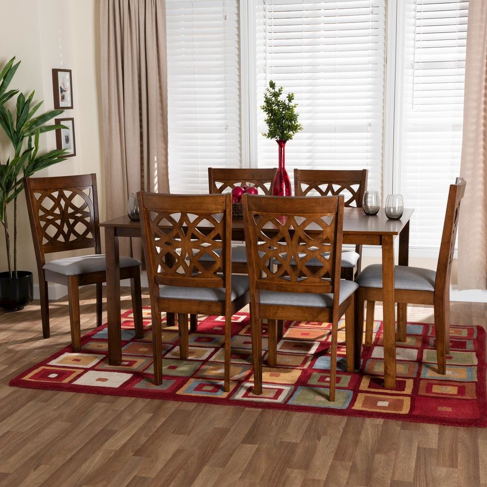 Abigail Modern Grey Fabric and Walnut Brown Finished Wood 7-Piece Dining Set. Picture 18