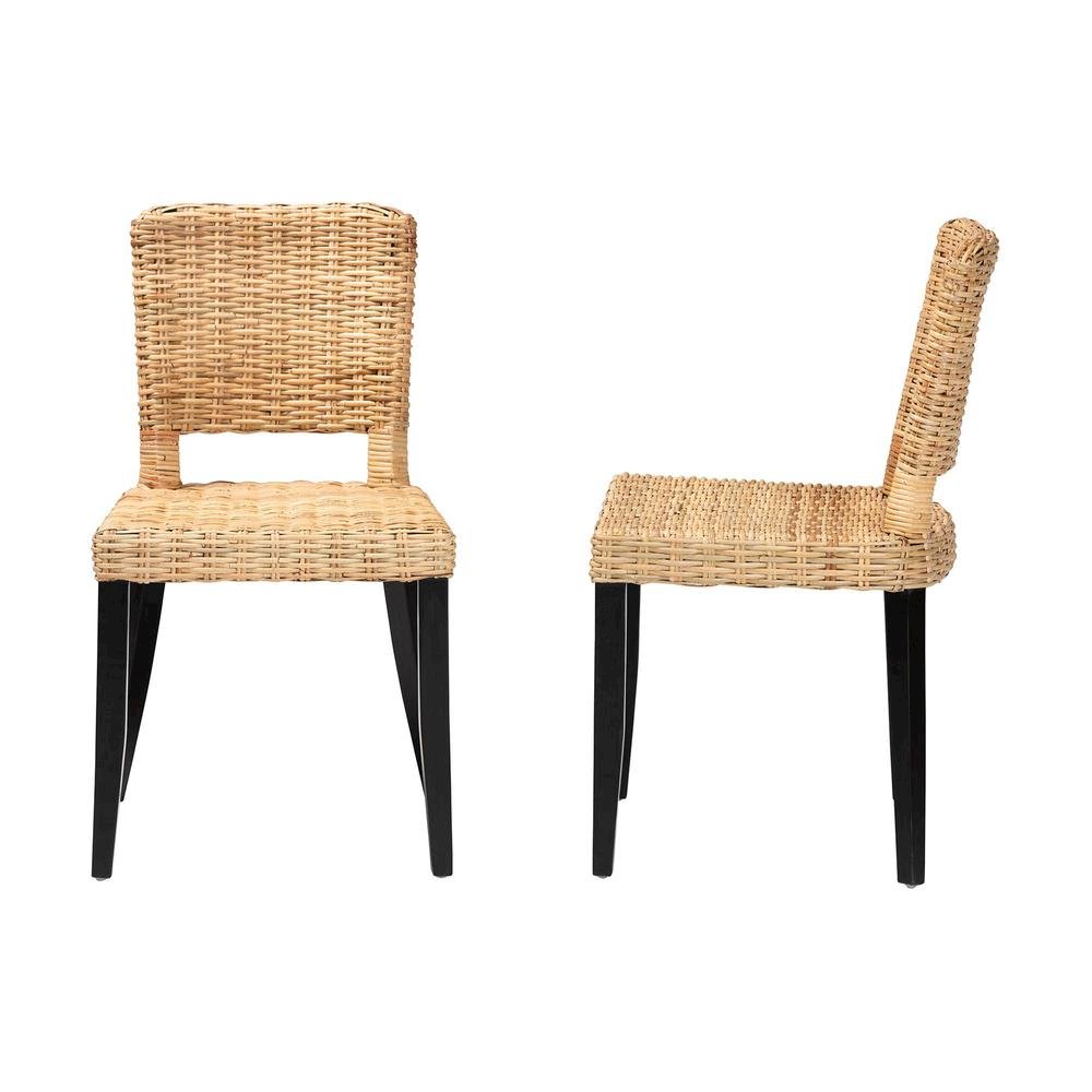 Bohemian Dark Brown Finished Wood and Natural Rattan 2-Piece Dining Chair Set. Picture 12