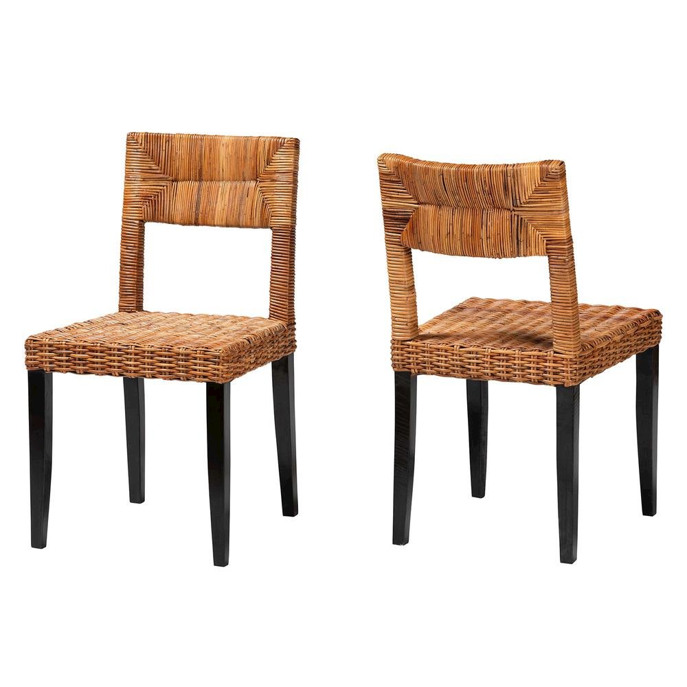 Bohemian Dark Brown Finished Wood and Natural Rattan 2-Piece Dining Chair Set. Picture 10