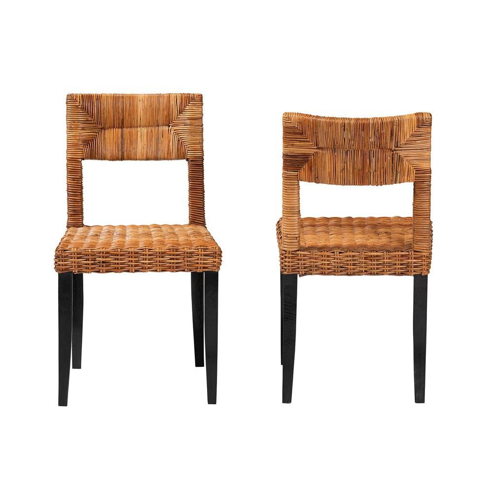 Bohemian Dark Brown Finished Wood and Natural Rattan 2-Piece Dining Chair Set. Picture 11