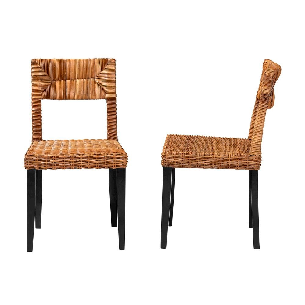 Bohemian Dark Brown Finished Wood and Natural Rattan 2-Piece Dining Chair Set. Picture 12