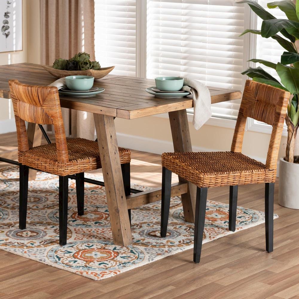 Bohemian Dark Brown Finished Wood and Natural Rattan 2-Piece Dining Chair Set. Picture 16