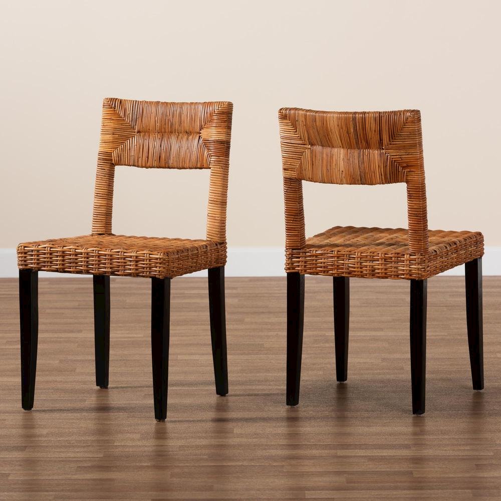 Bohemian Dark Brown Finished Wood and Natural Rattan 2-Piece Dining Chair Set. Picture 17