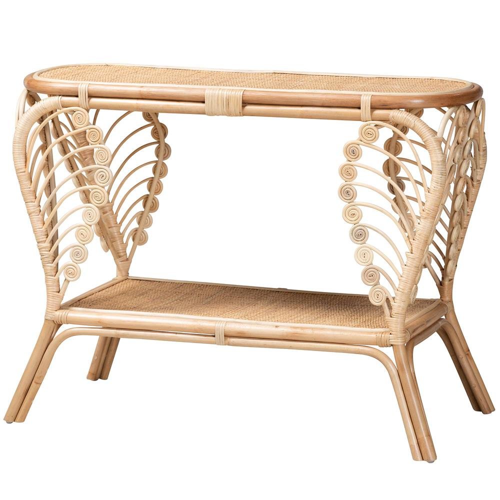 bali & pari Bastet Modern Bohemian Natural Brown Rattan 2-Tier Console Table. Picture 10