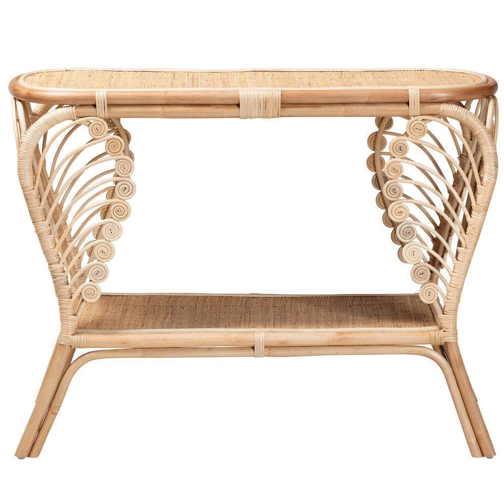 bali & pari Bastet Modern Bohemian Natural Brown Rattan 2-Tier Console Table. Picture 11