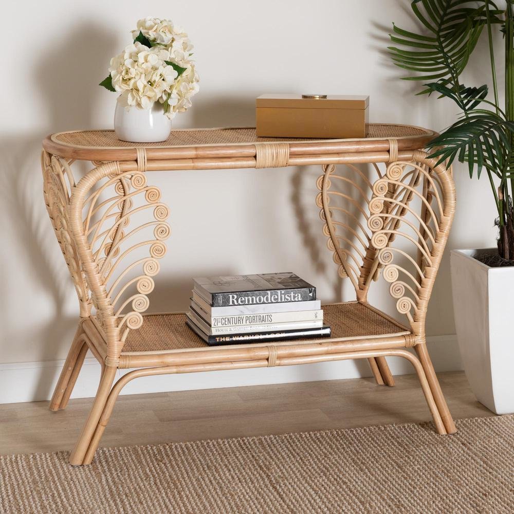 bali & pari Bastet Modern Bohemian Natural Brown Rattan 2-Tier Console Table. Picture 16
