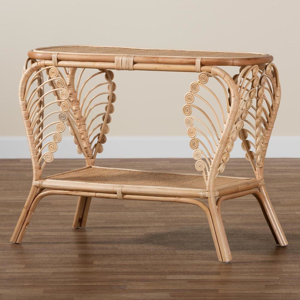 bali & pari Bastet Modern Bohemian Natural Brown Rattan 2-Tier Console Table. Picture 17
