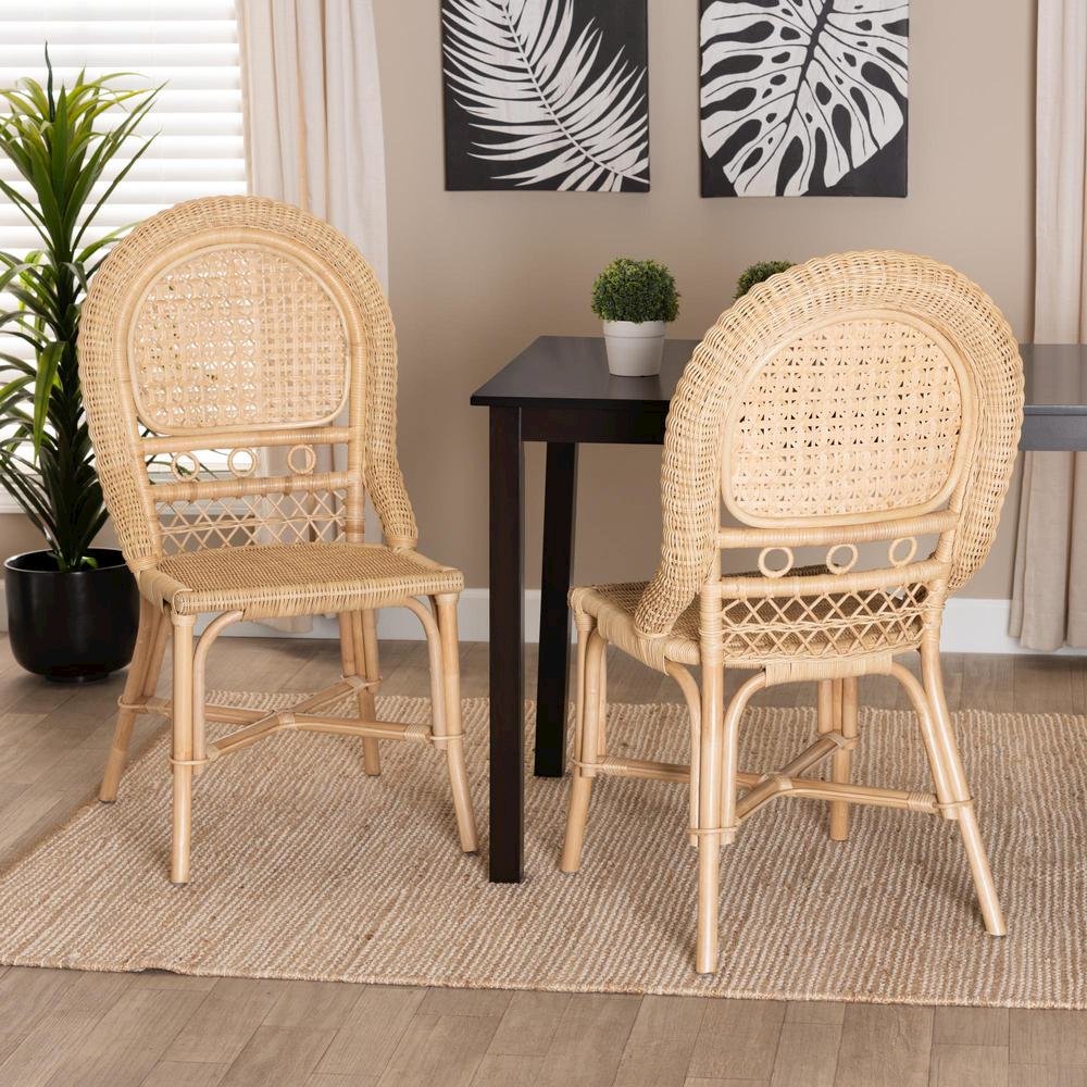 bali & pari Jelita Modern Bohemian Natural Brown Rattan 2-Piece Dining Chair Set. Picture 16