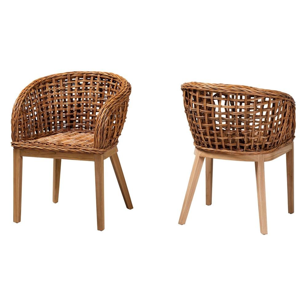 Bohemian Natural Brown Finished Teak Wood and Rattan 2-Piece Dining Chair Set. Picture 10